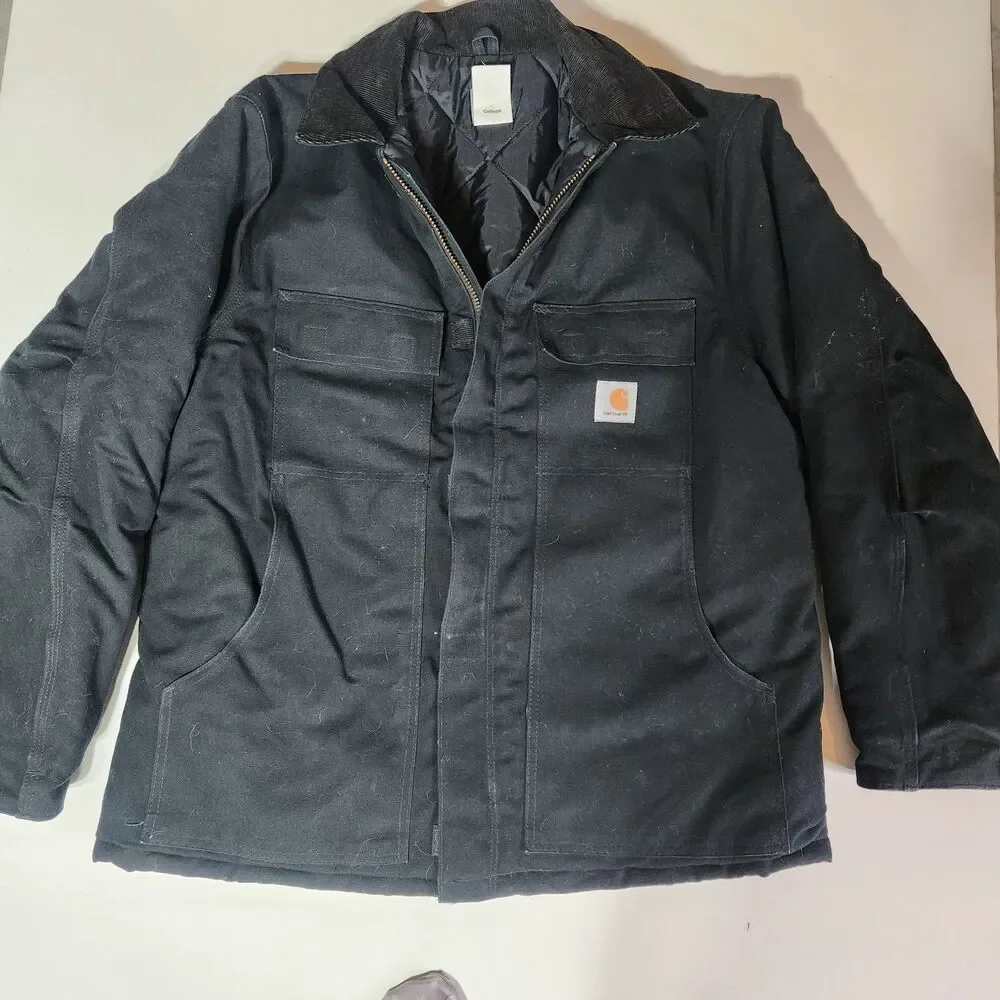 Carhartt Jacket Mens 46 Regular Black Quilted Workwear Canvas Insulated 14806